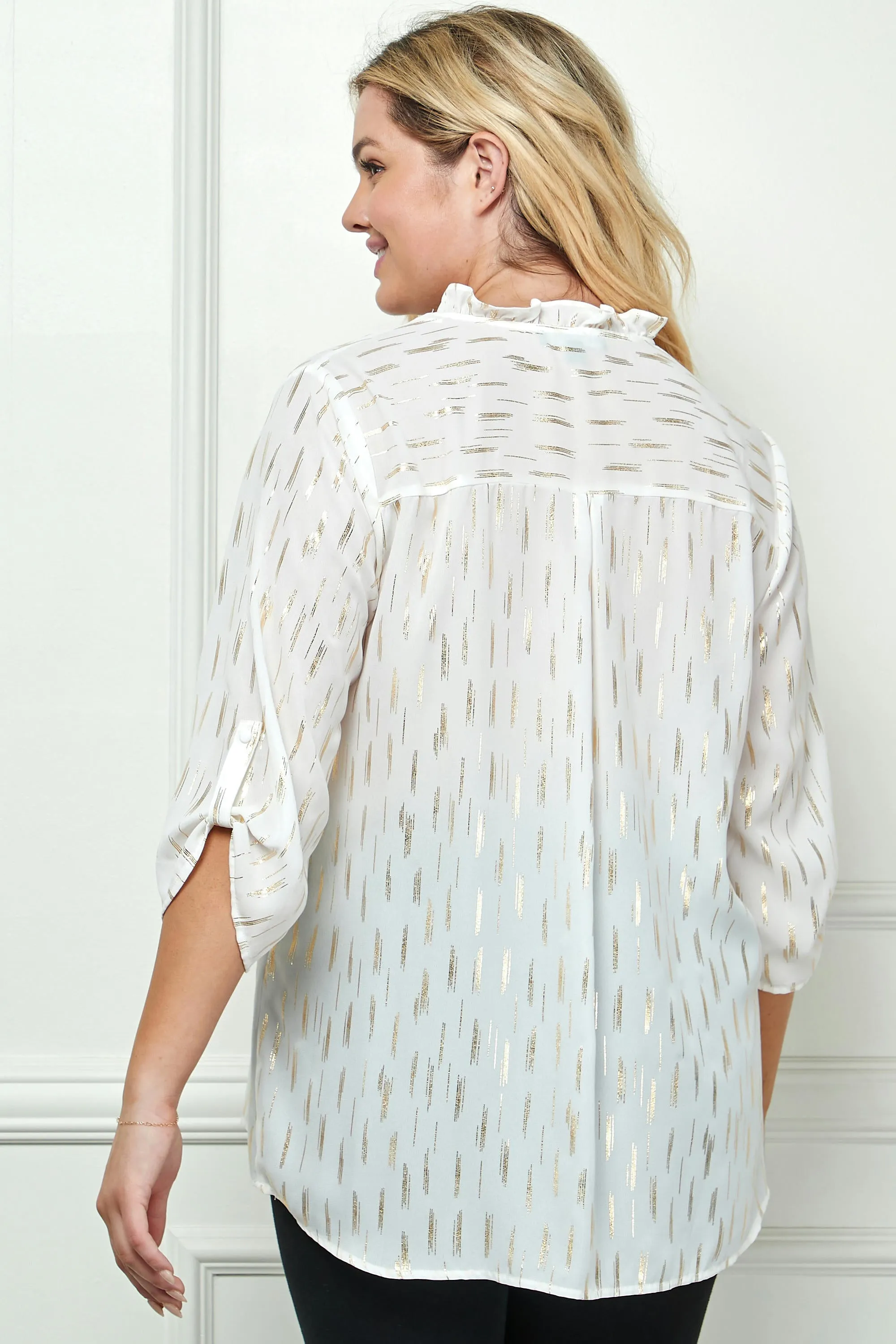 3/4 Button Tab Sleeve Covered Button + Loop on V-Neck Popover Rain Foil Print Blouse in Ivory - Plus sold by Dress Barn product image thumbnail 4