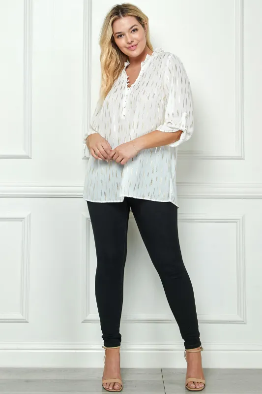 3/4 Button Tab Sleeve Covered Button + Loop on V-Neck Popover Rain Foil Print Blouse in Ivory - Plus sold by Dress Barn