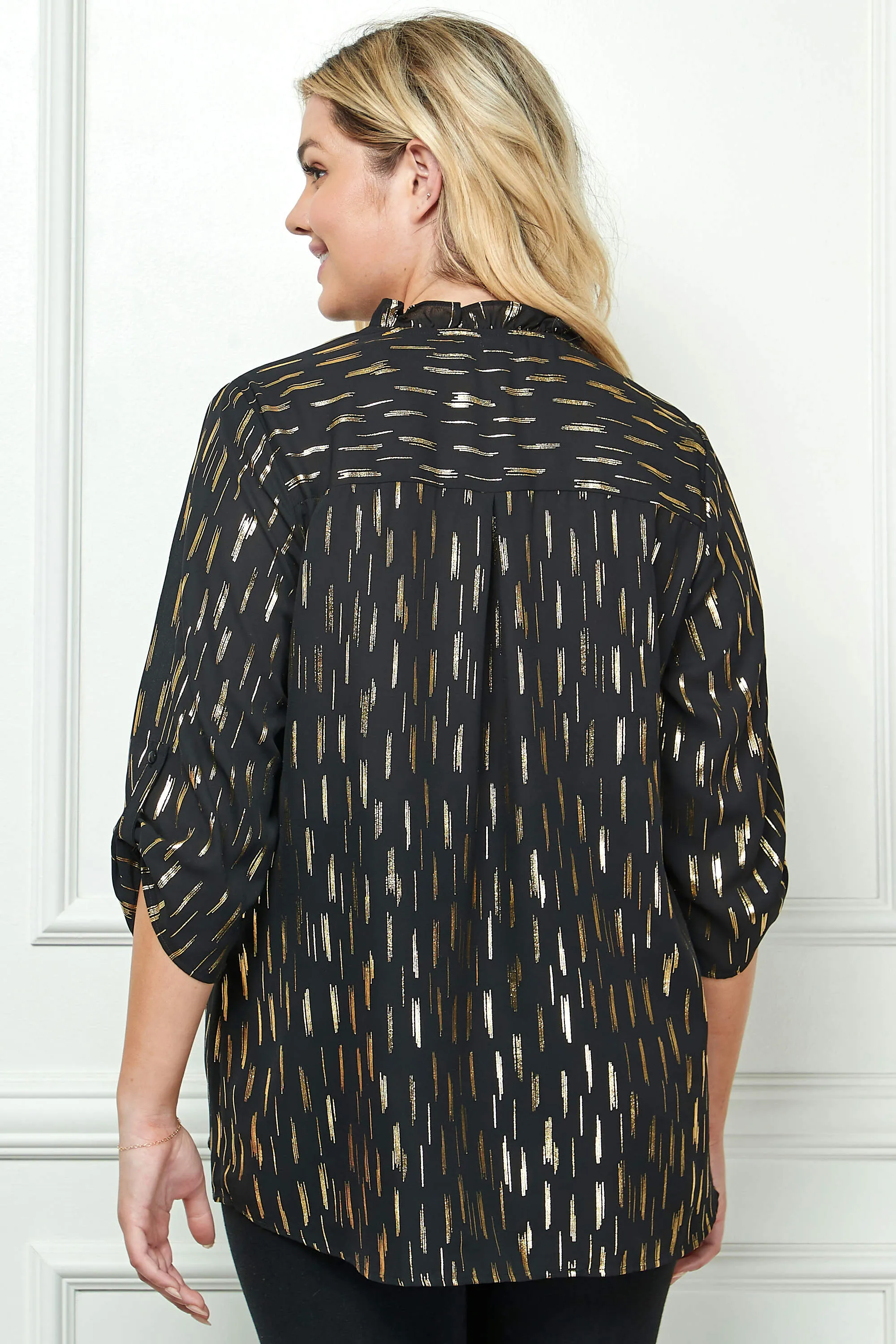 3/4 Button Tab Sleeve Covered Button + Loop on V-Neck Popover Rain Foil Print Blouse in Black - Plus sold by Dress Barn product image thumbnail 4
