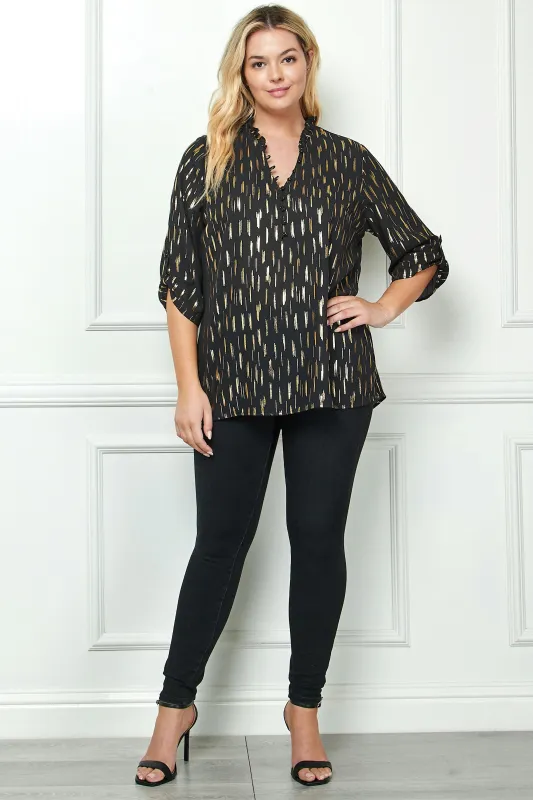 3/4 Button Tab Sleeve Covered Button + Loop on V-Neck Popover Rain Foil Print Blouse in Black - Plus sold by Dress Barn