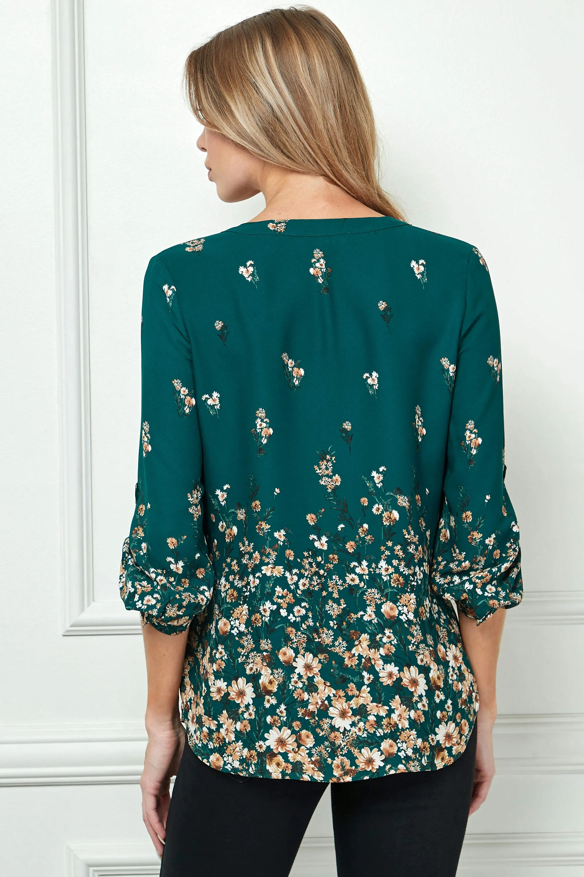 3/4 Button Tab Sleeve Big Button V-Neck Border Print Popover Blouse in Hunter Green sold by Dress Barn product image thumbnail 4