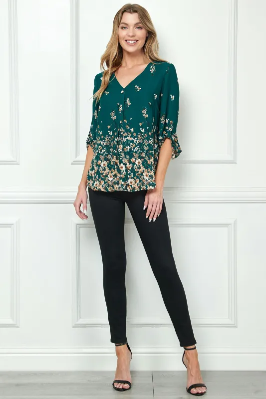 3/4 Button Tab Sleeve Big Button V-Neck Border Print Popover Blouse in Hunter Green made by Dress Barn