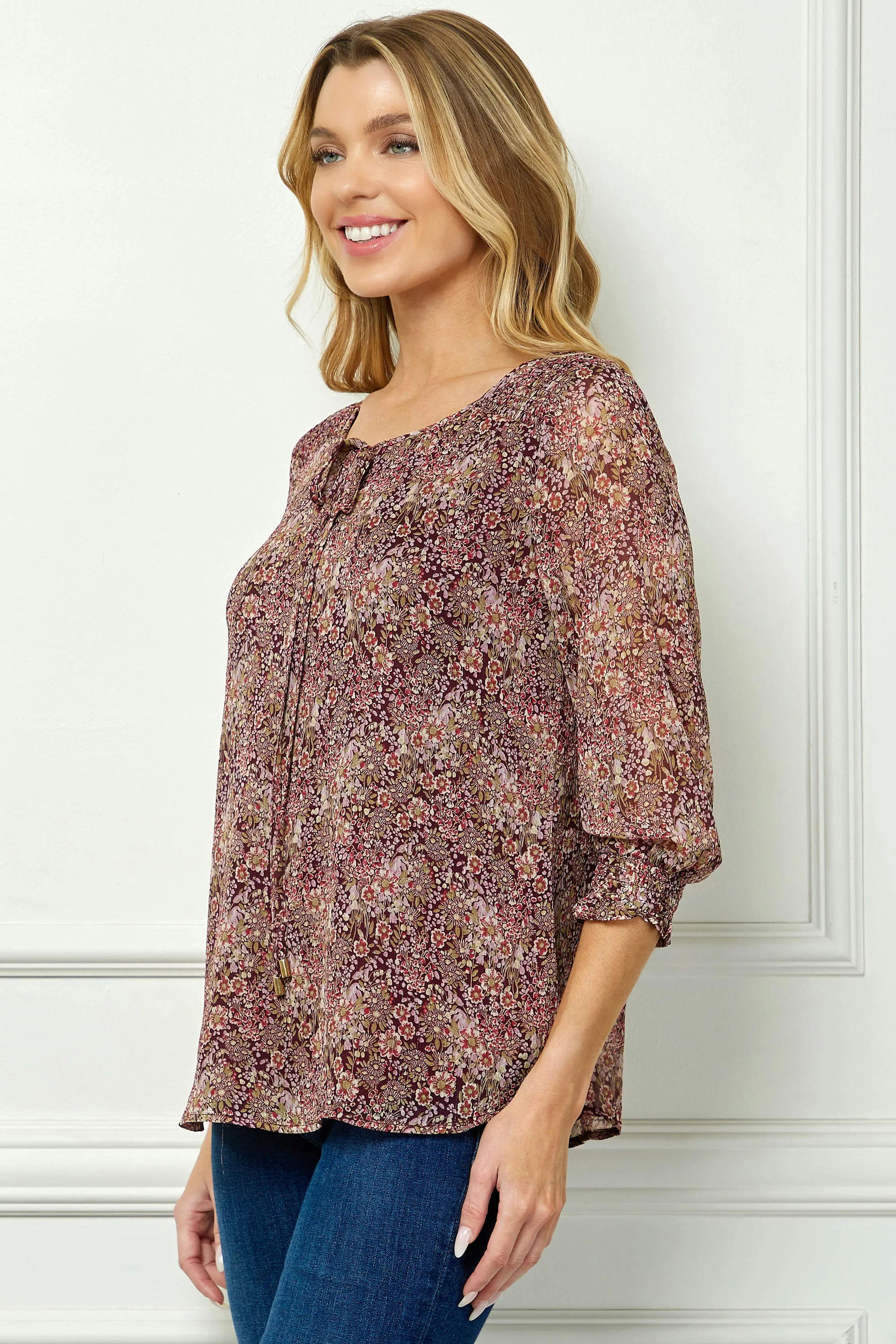 3/4 Smock Sleeve & Shoulder, Beaded Tie Front Neck Blouse in Burgundy sold by Dress Barn product image thumbnail 3