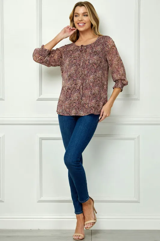 3/4 Smock Sleeve & Shoulder, Beaded Tie Front Neck Blouse in Burgundy sold by Dress Barn