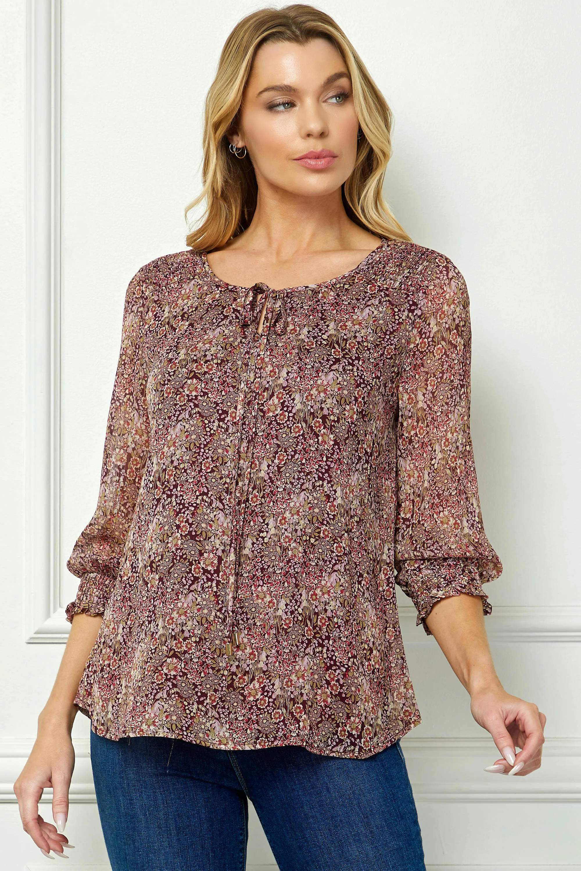 3/4 Smock Sleeve & Shoulder, Beaded Tie Front Neck Blouse in Burgundy sold by Dress Barn product image thumbnail 2