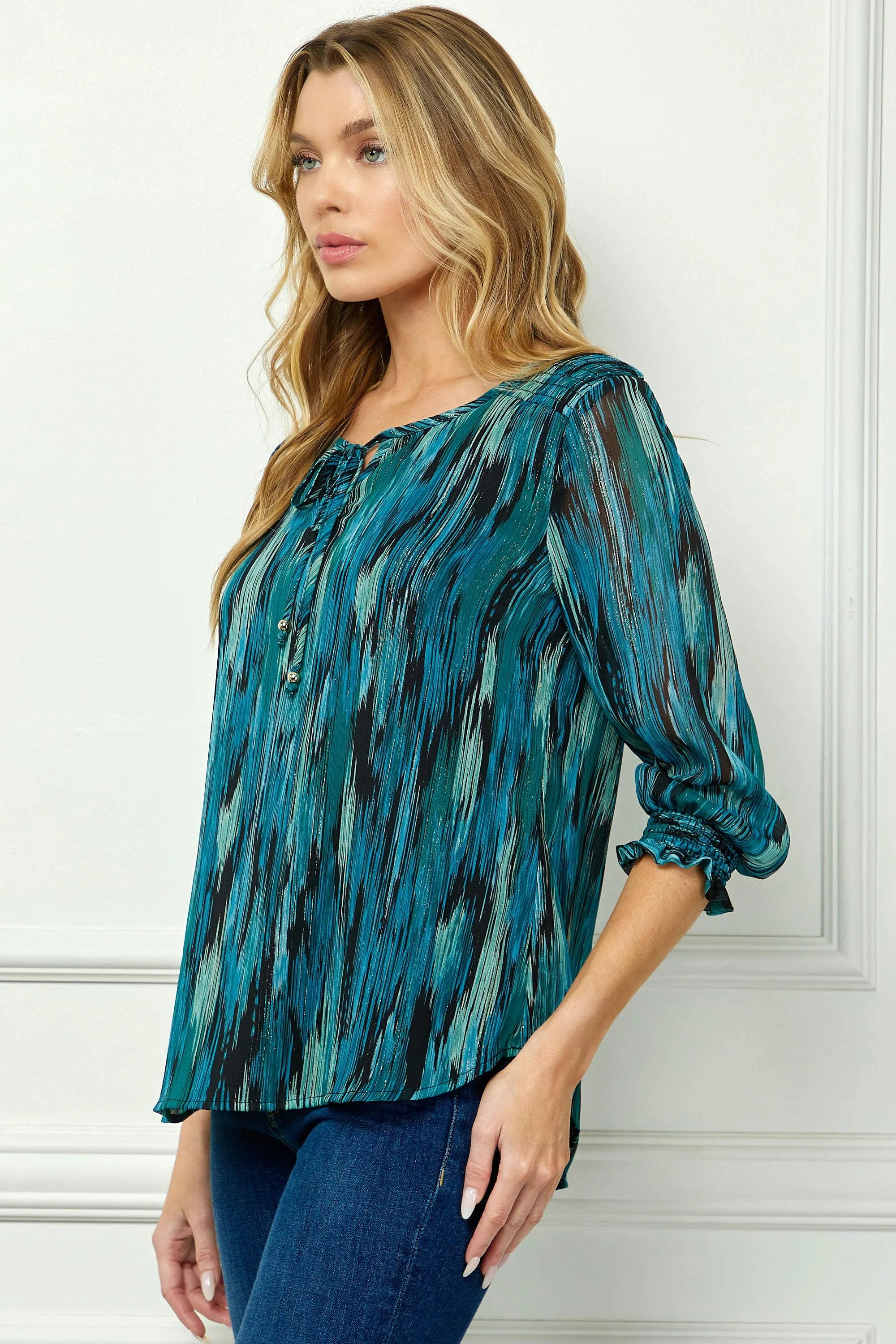 3/4 Smock Sleeve & Shoulder, Beaded Tie Front Neck Blouse in Teal sold by Dress Barn product image thumbnail 3