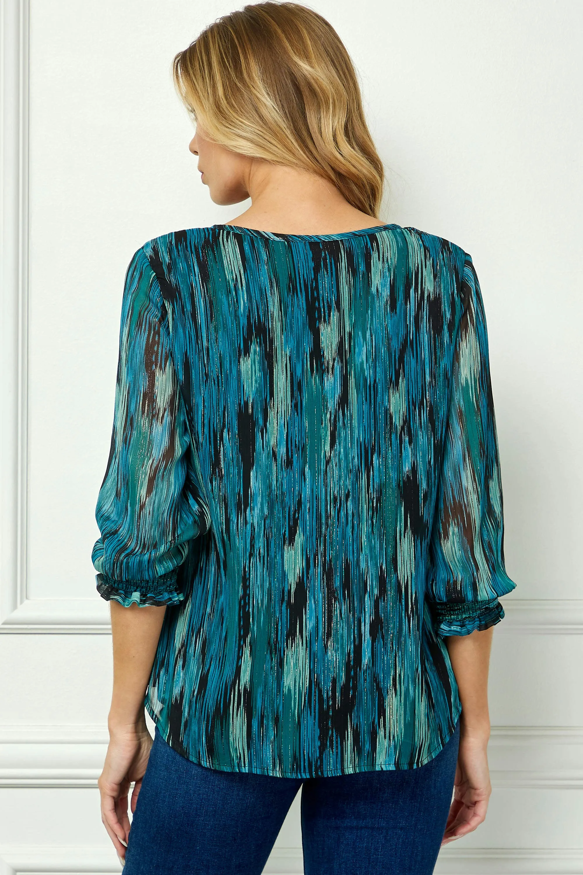 3/4 Smock Sleeve & Shoulder, Beaded Tie Front Neck Blouse in Teal sold by Dress Barn product image thumbnail 4