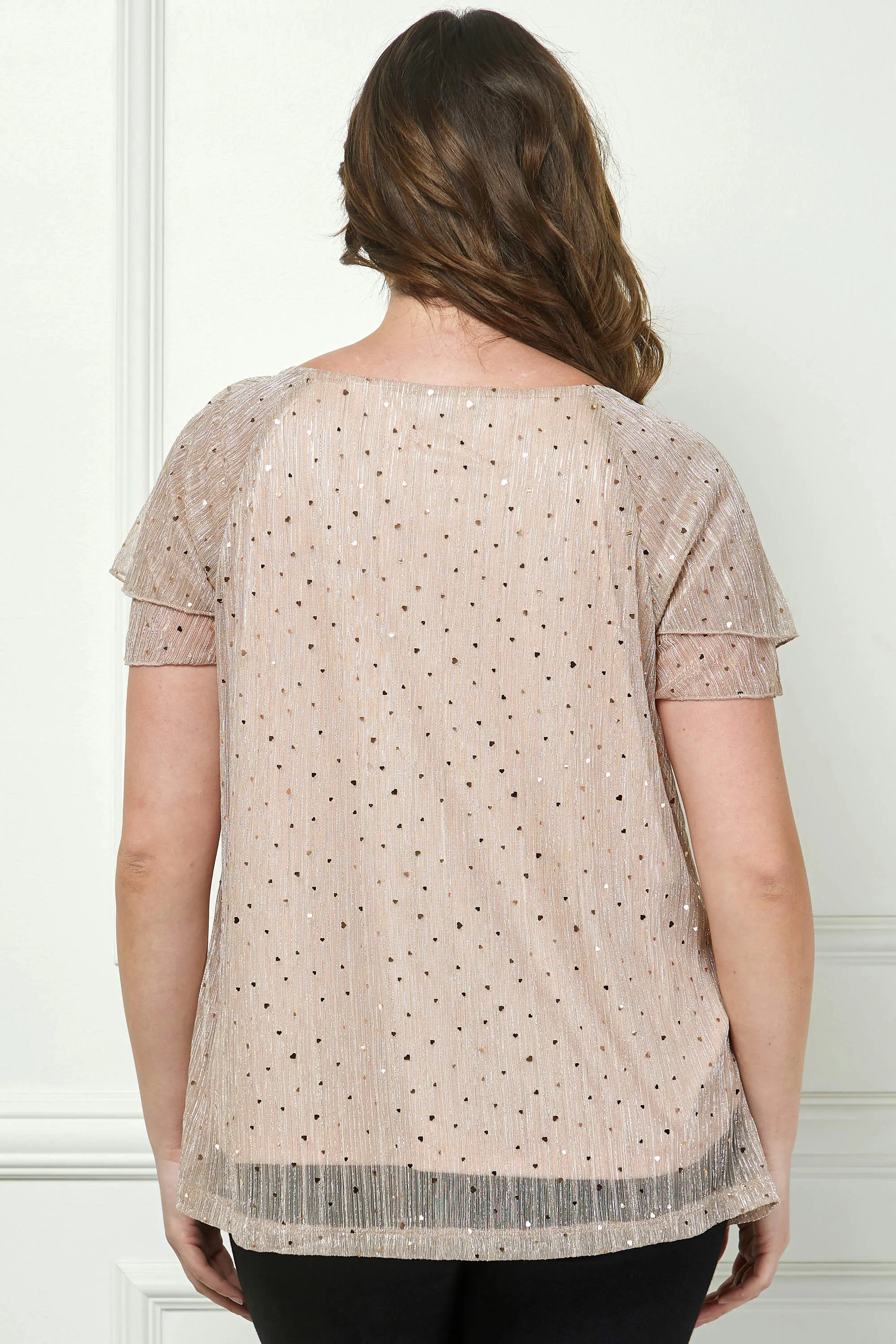 Short Double Flutter Sleeve Pleat Scoop Neck Lined Blouse in Beige - Plus sold by Dress Barn product image thumbnail 4