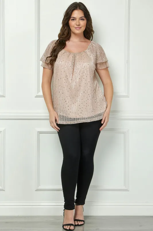 Short Double Flutter Sleeve Pleat Scoop Neck Lined Blouse in Beige - Plus sold by Dress Barn