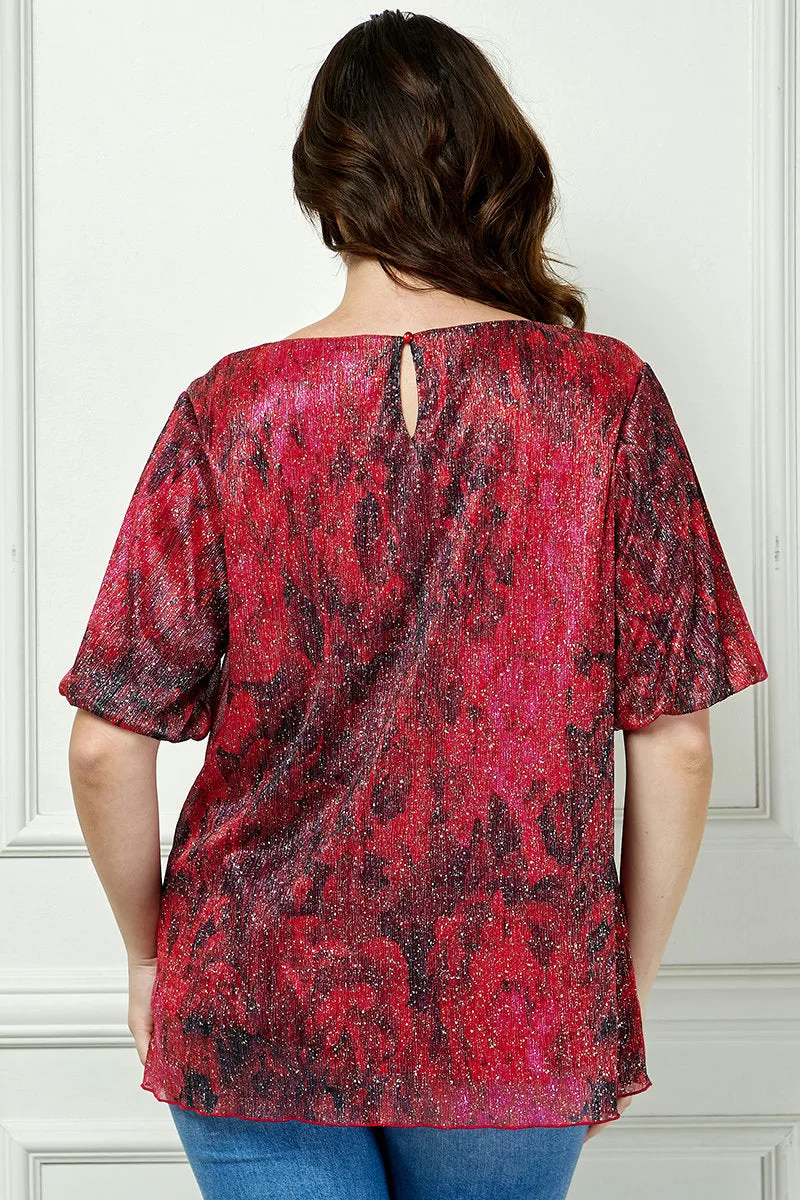 Short Puff Sleeve Scoop Neck Keyhole Back Blouse in Burgundy - Plus sold by Dress Barn product image thumbnail 4