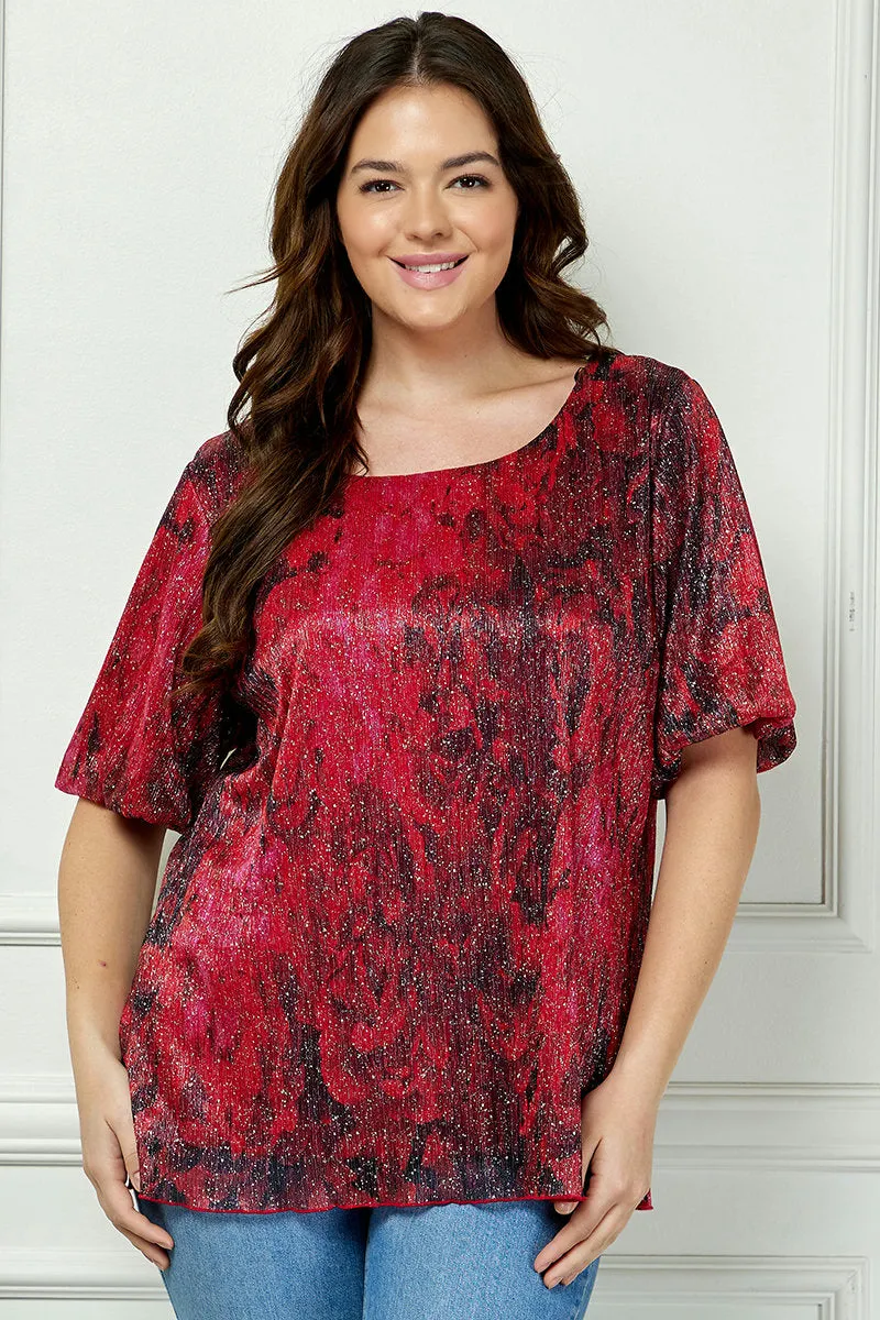 Short Puff Sleeve Scoop Neck Keyhole Back Blouse in Burgundy - Plus sold by Dress Barn product image thumbnail 2