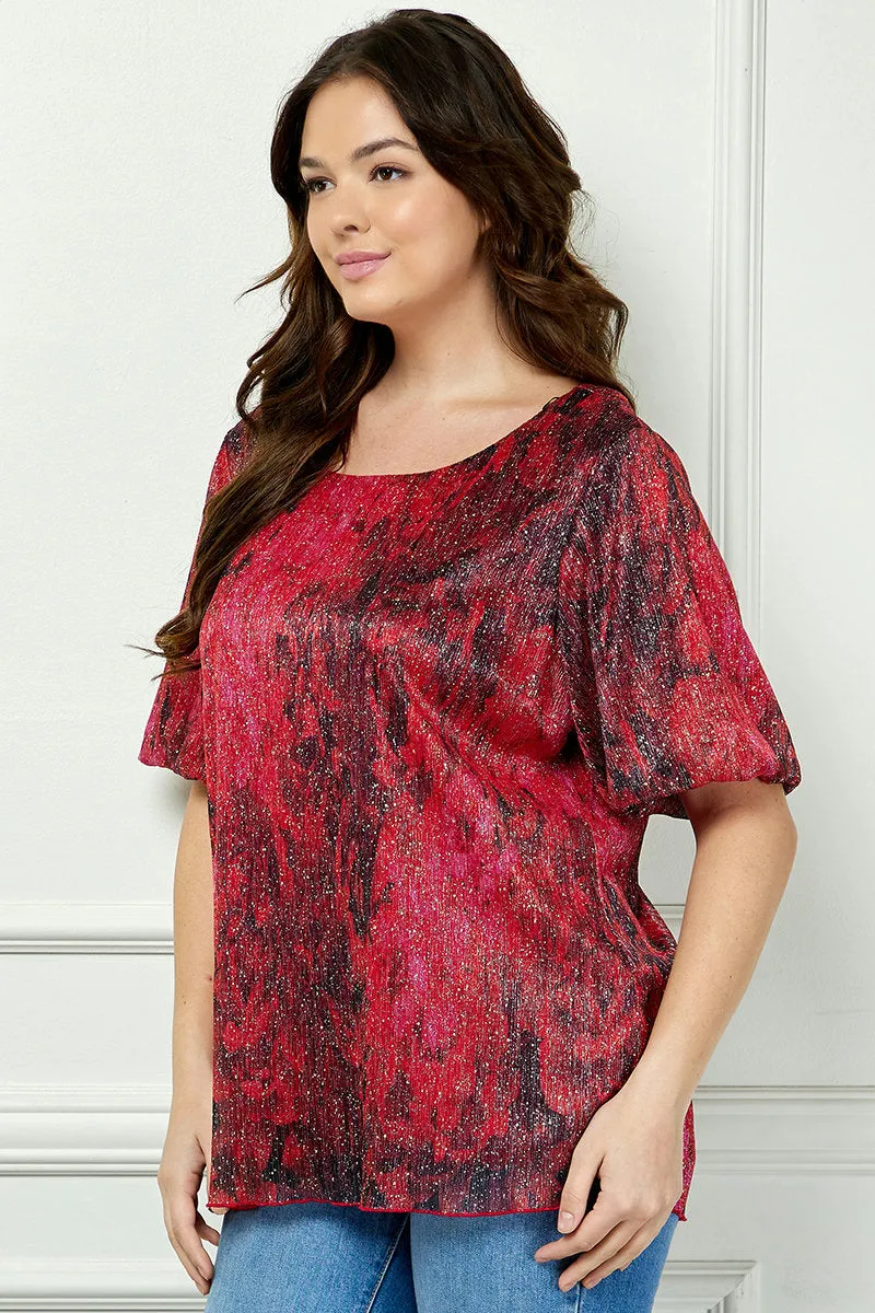 Short Puff Sleeve Scoop Neck Keyhole Back Blouse in Burgundy - Plus sold by Dress Barn product image thumbnail 3
