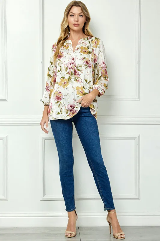 3/4 Elastic Cuff Sleeve Mandarin Collar Popover Blouse in Cream sold by Dress Barn