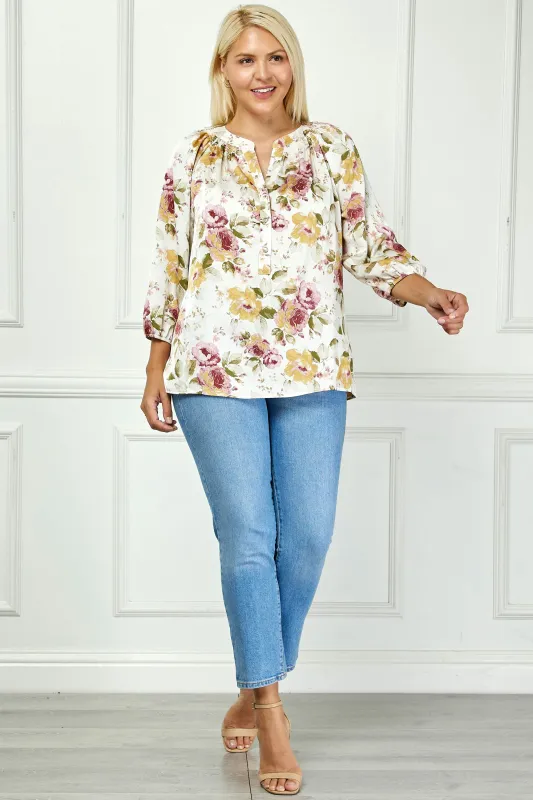 3/4 Elastic Cuff Sleeve Mandarin Collar Popover Blouse in Cream - Plus sold by Dress Barn