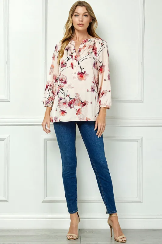 3/4 Elastic Cuff Sleeve Mandarin Collar Popover Blouse in Pink sold by Dress Barn