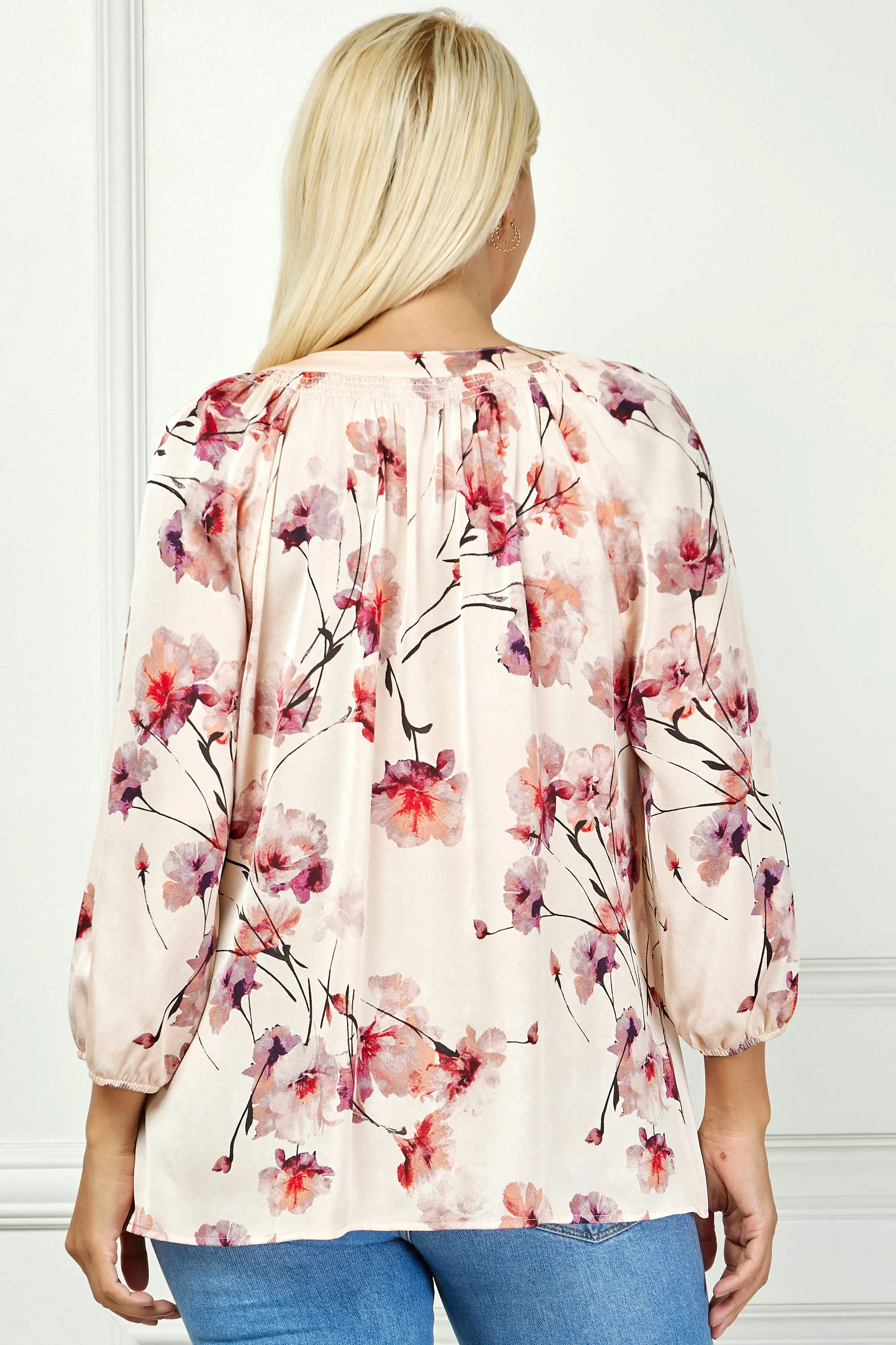 3/4 Elastic Cuff Sleeve Mandarin Collar Popover Blouse in Pink - Plus sold by Dress Barn product image thumbnail 4