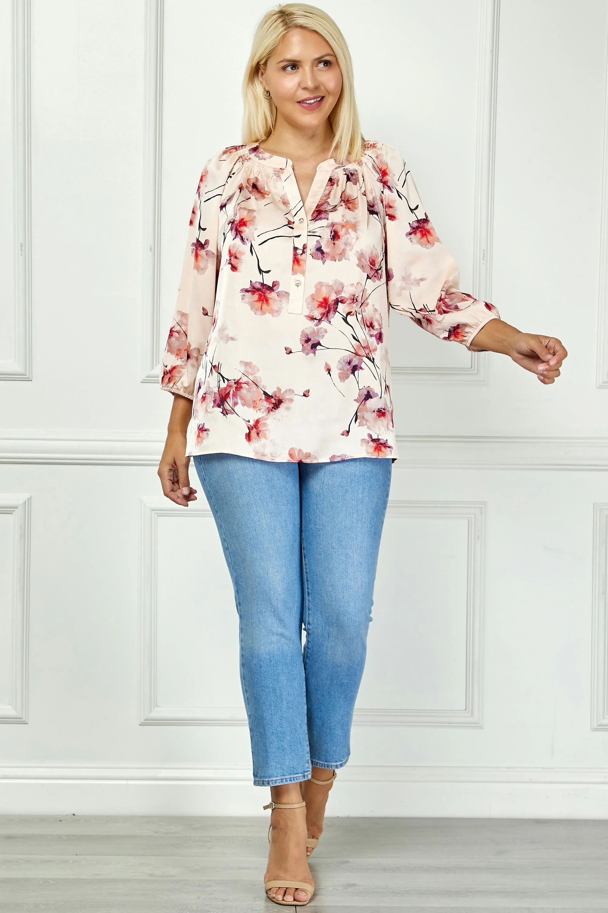 3/4 Elastic Cuff Sleeve Mandarin Collar Popover Blouse in Pink - Plus sold by Dress Barn