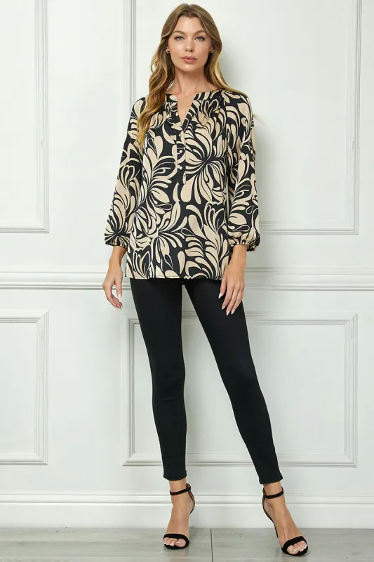 3/4 Elastic Cuff Sleeve Mandarin Collar Popover Blouse in Tan sold by Dress Barn