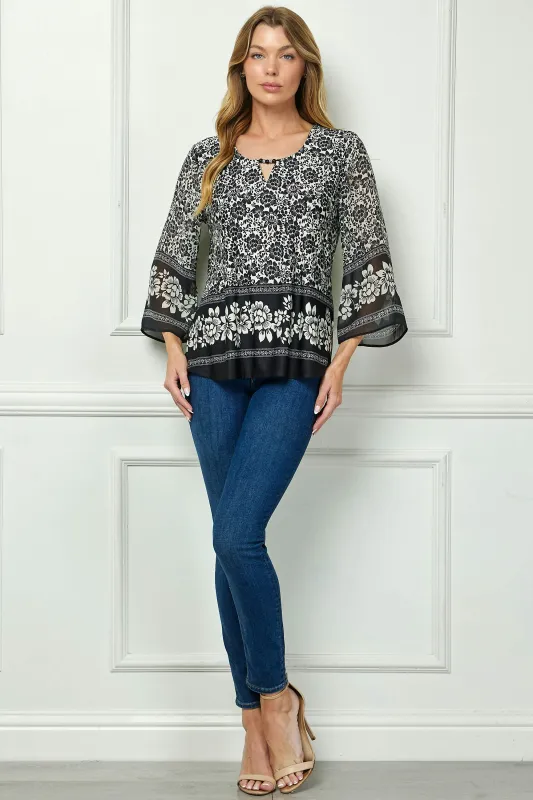 3/4 Flare Sleeve Cutout Trim Mix Media Blouse in Black sold by Dress Barn