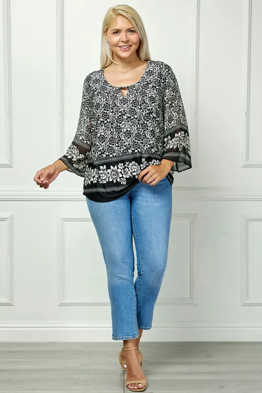 3/4 Flare Sleeve Cutout Trim Mix Media Blouse in Black - Plus sold by Dress Barn