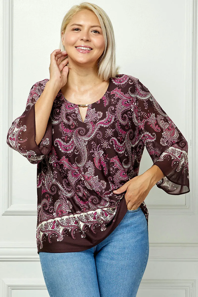 3/4 Flare Sleeve Cutout Trim Mix Media Blouse in Burgundy - Plus sold by Dress Barn product image thumbnail 2