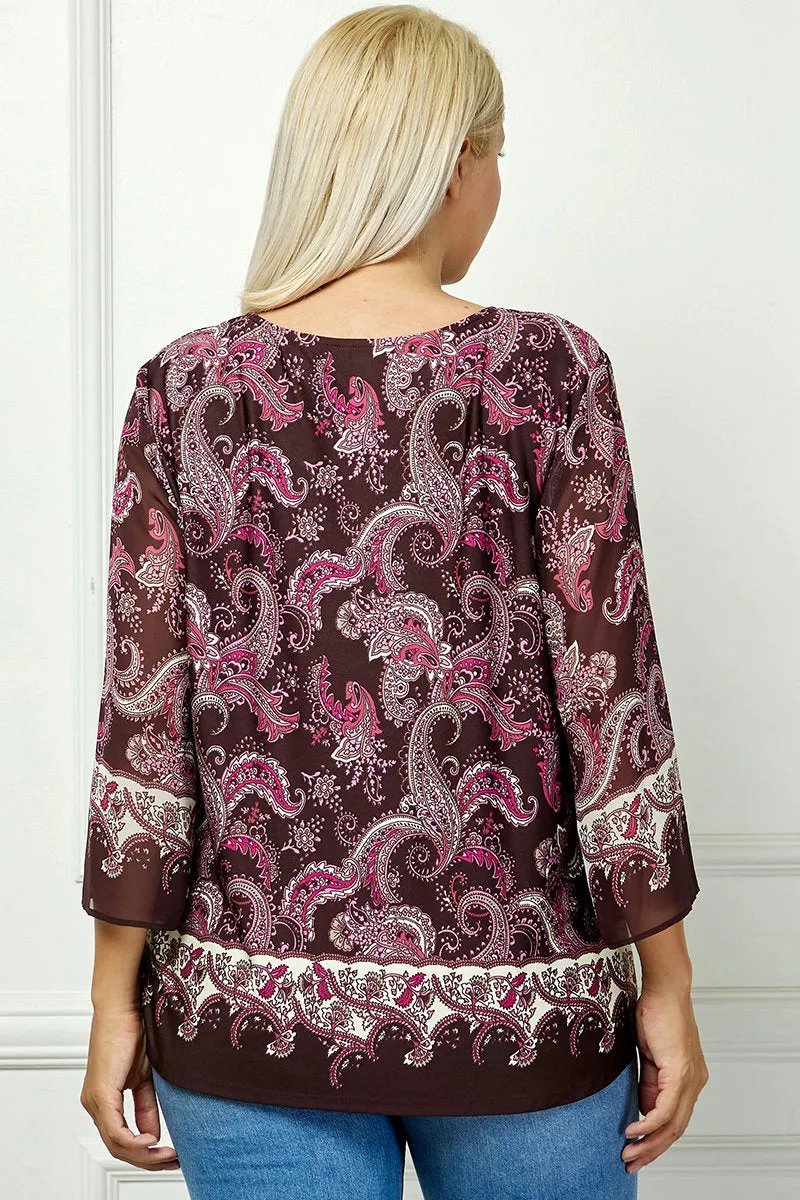 3/4 Flare Sleeve Cutout Trim Mix Media Blouse in Burgundy - Plus sold by Dress Barn product image thumbnail 4