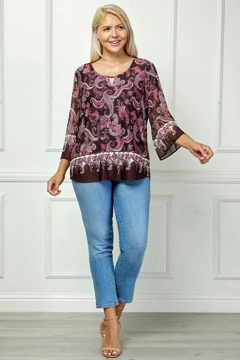 3/4 Flare Sleeve Cutout Trim Mix Media Blouse in Burgundy - Plus sold by Dress Barn