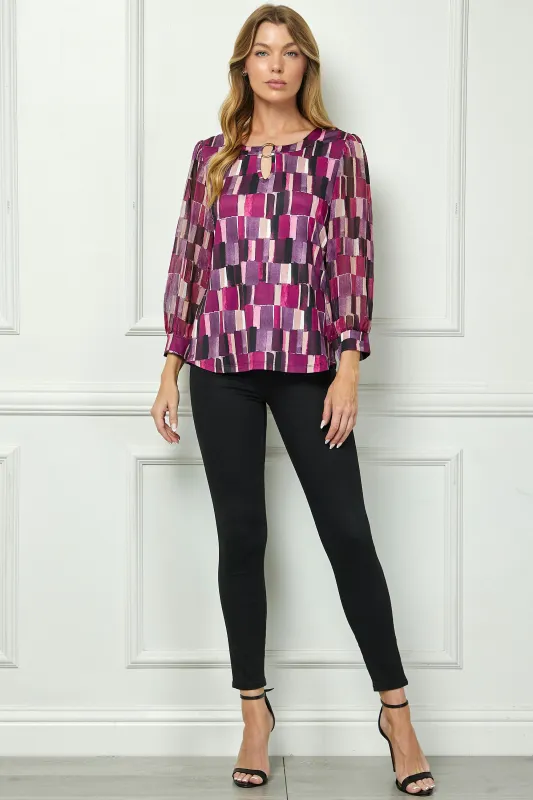 3/4 Sleeve Cutout Trim Mix Media Blouse in Plum sold by Dress Barn