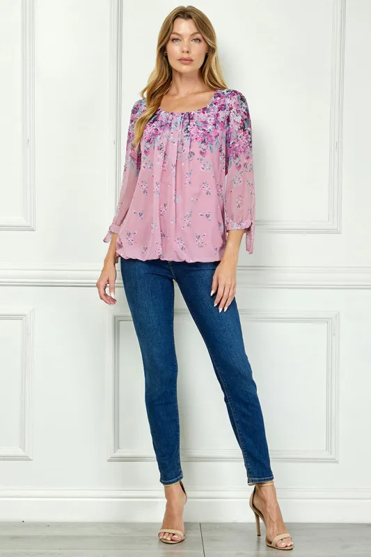 3/4 Tie Sleeve Pleat Neck Bubble Blouse in Pink sold by Dress Barn