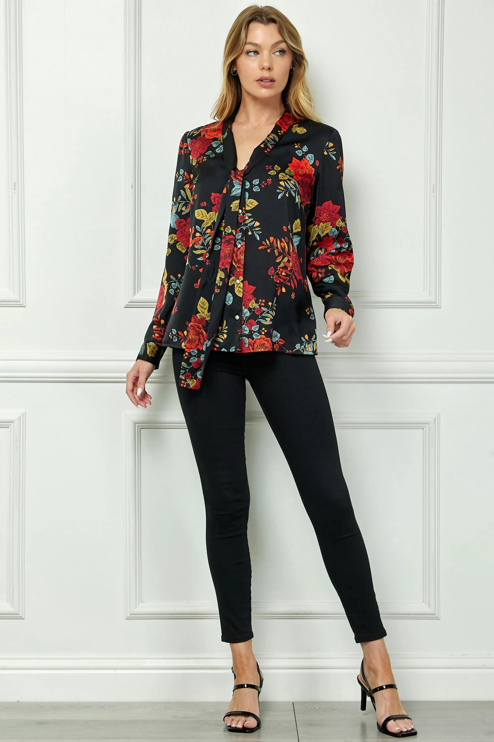 Long Cuff Sleeve Tie Neck Button Blouse in Black sold by Dress Barn