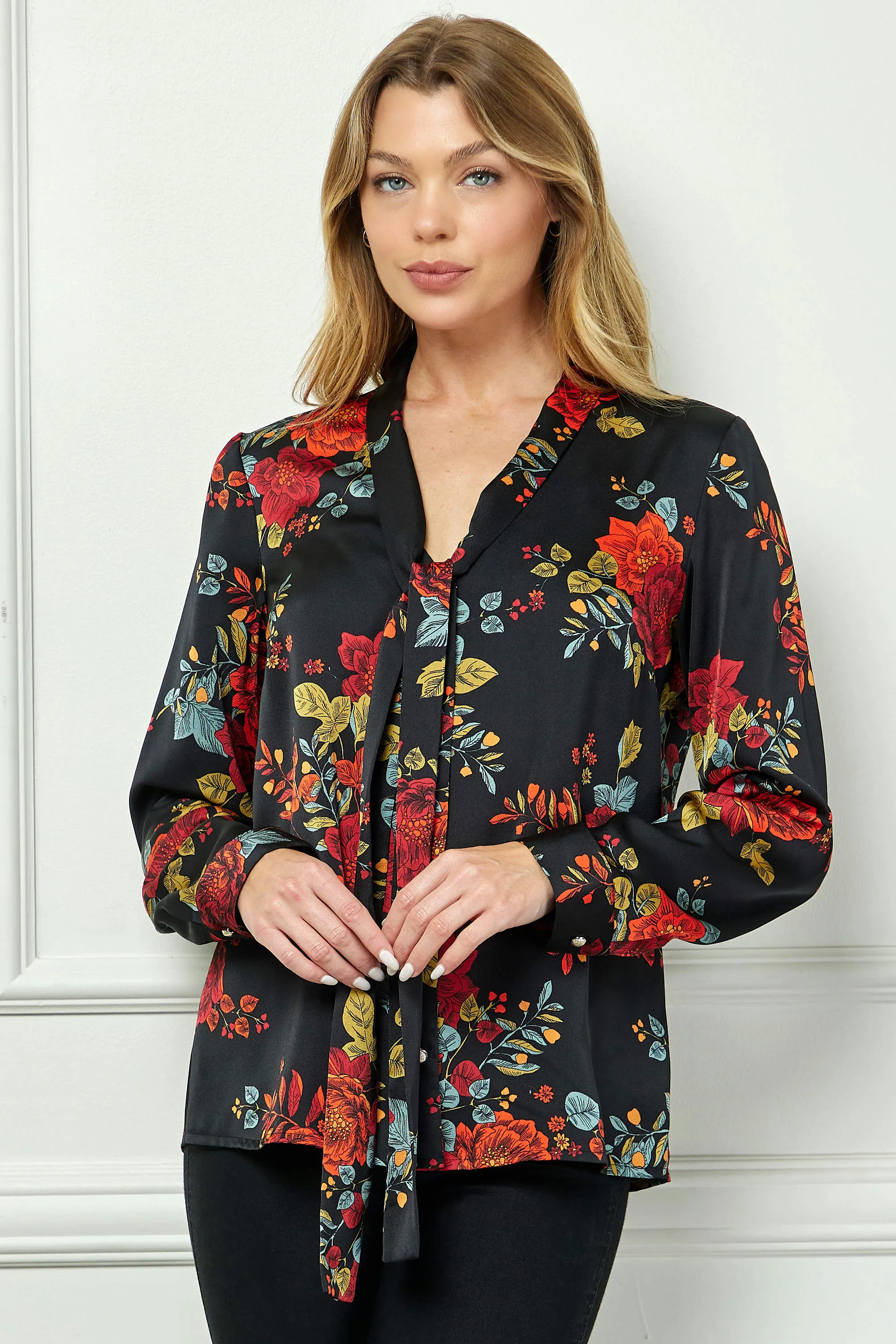 Long Cuff Sleeve Tie Neck Button Blouse in Black sold by Dress Barn product image thumbnail 2