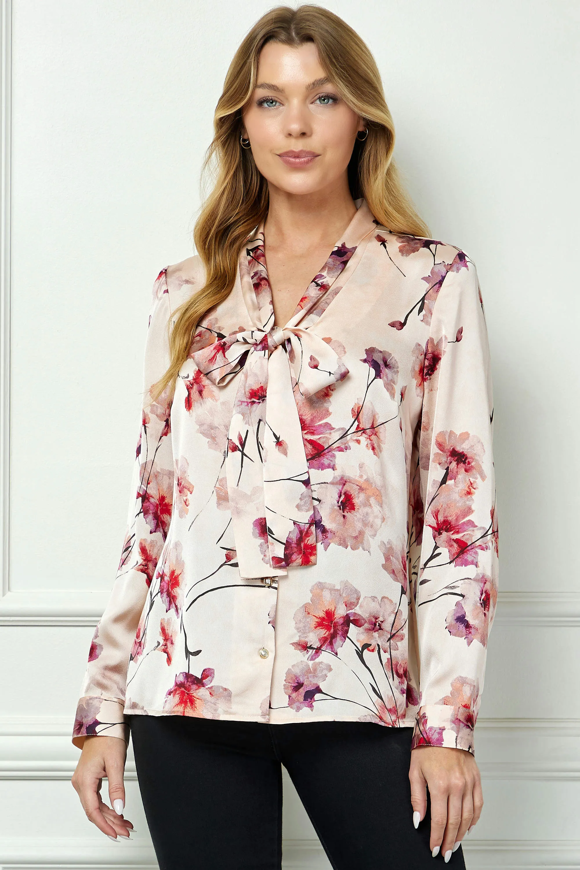 Long Cuff Sleeve Tie Neck Button Blouse in Pink sold by Dress Barn product image thumbnail 3