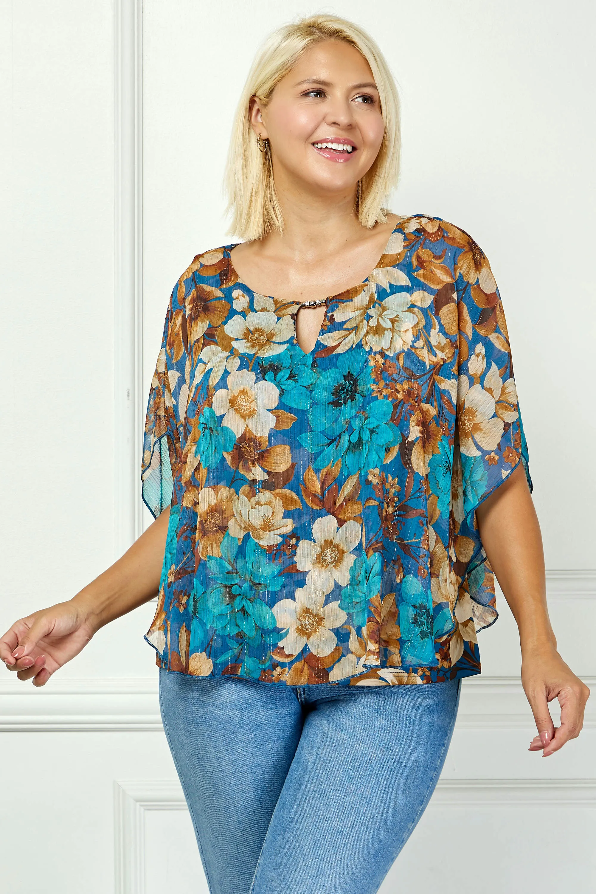 Poncho Tank Cutout Trim Mix Media Blouse in Turquoise - Plus sold by Dress Barn product image thumbnail 2