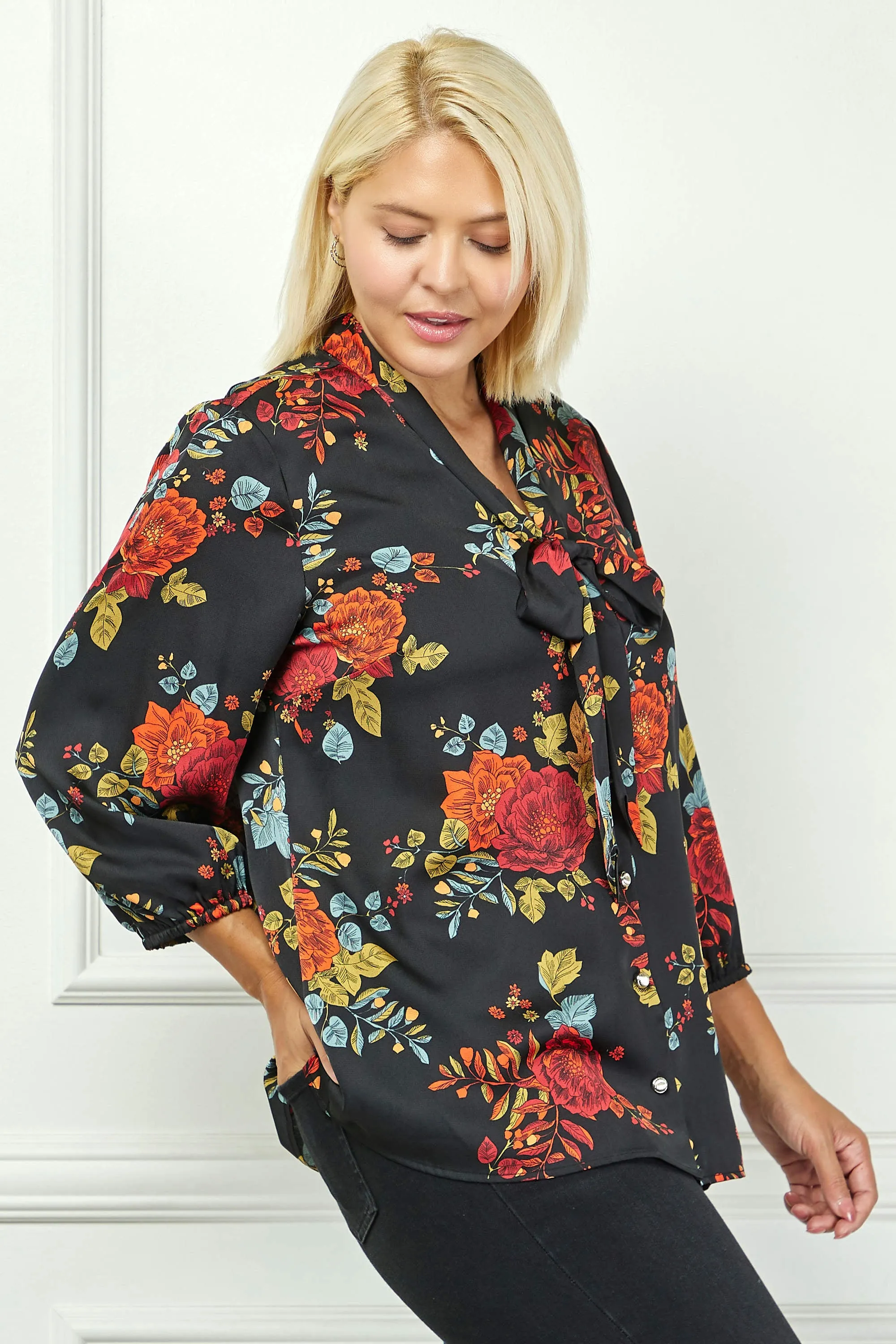 3/4 Cuff Sleeve Tie Neck Button Blouse in Black - Plus sold by Dress Barn product image thumbnail 3