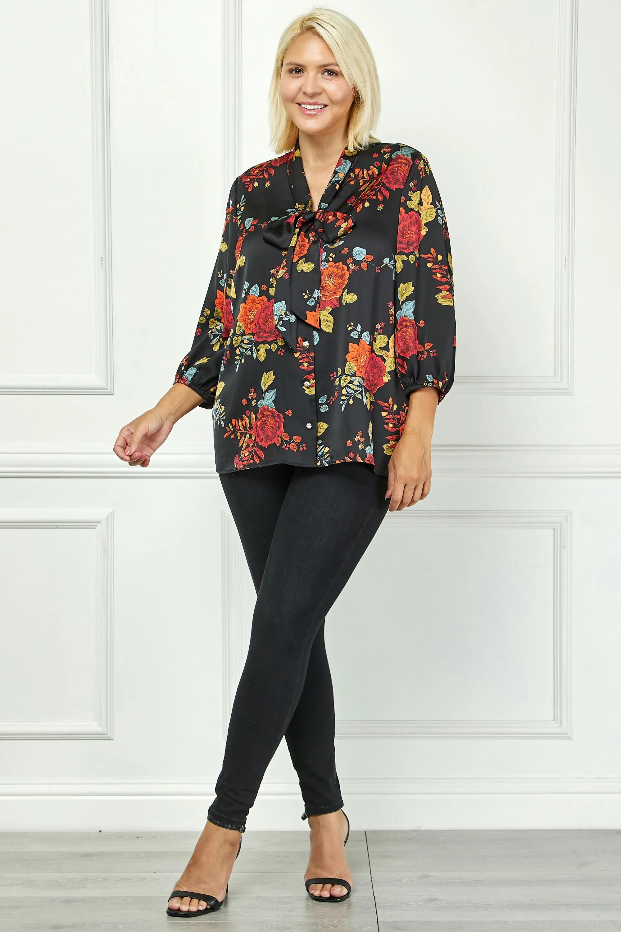 3/4 Cuff Sleeve Tie Neck Button Blouse in Black - Plus sold by Dress Barn