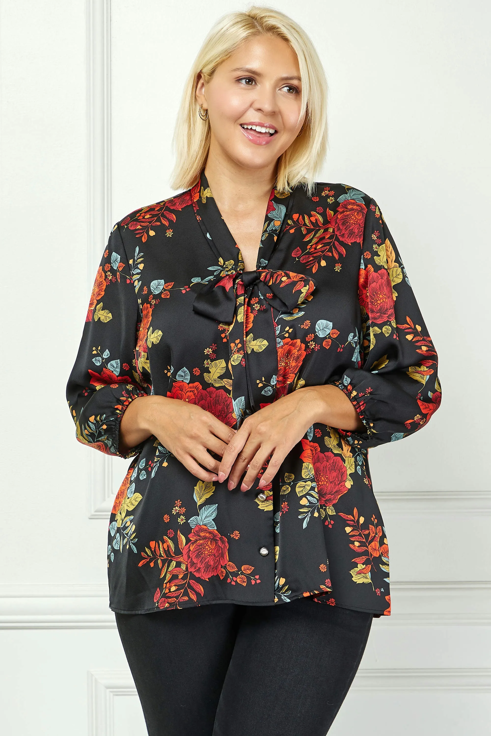 3/4 Cuff Sleeve Tie Neck Button Blouse in Black - Plus sold by Dress Barn product image thumbnail 2