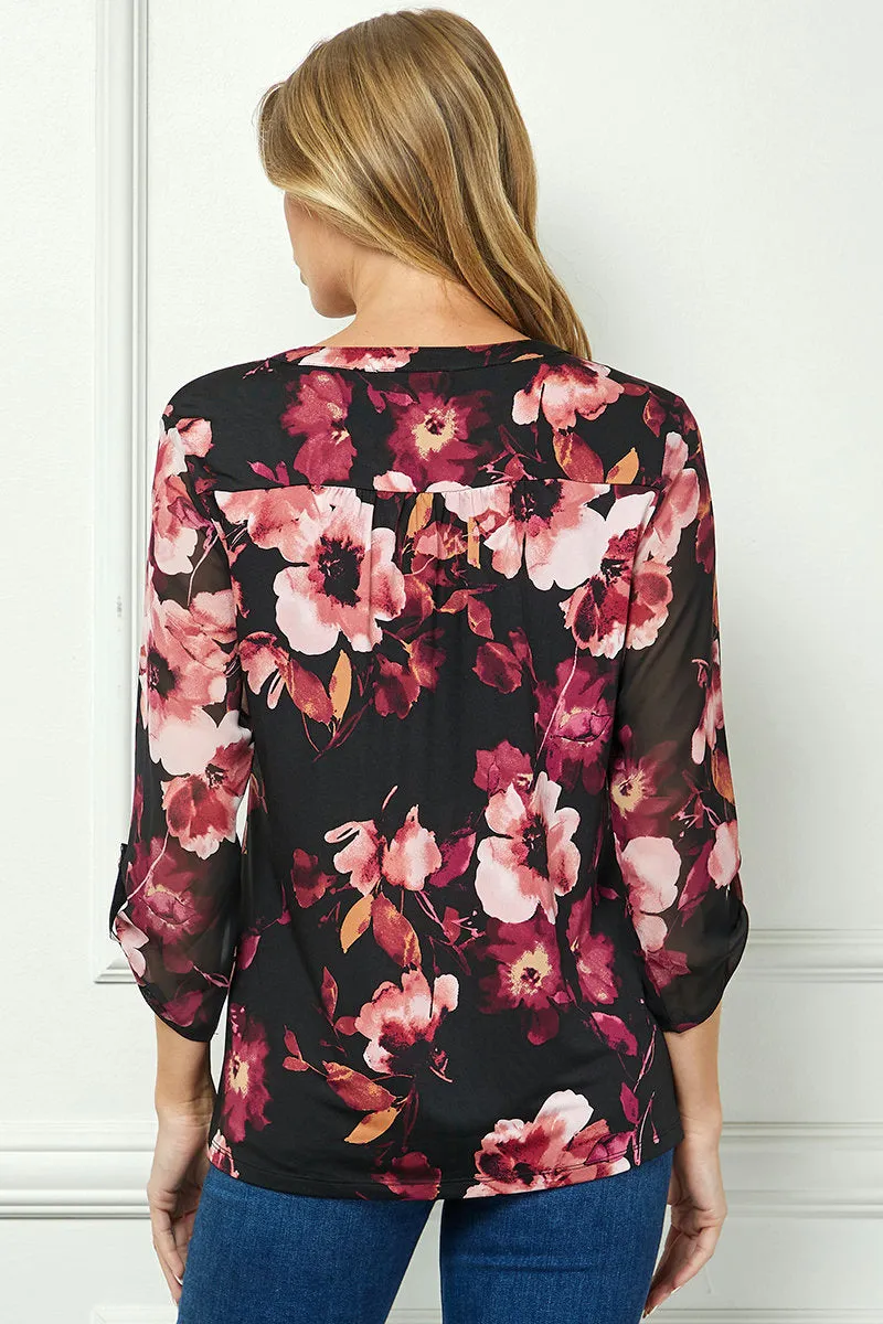 3/4 Button Tab Sleeve Pintuck Mandarin Collar Popover Blouse in Black sold by Dress Barn product image thumbnail 4