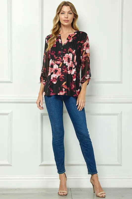 3/4 Button Tab Sleeve Pintuck Mandarin Collar Popover Blouse in Black sold by Dress Barn