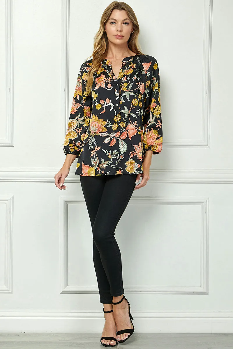 3/4 Elastic Cuff Sleeve Smock Detail Mandarin Collar Popover Blouse in Black sold by Dress Barn