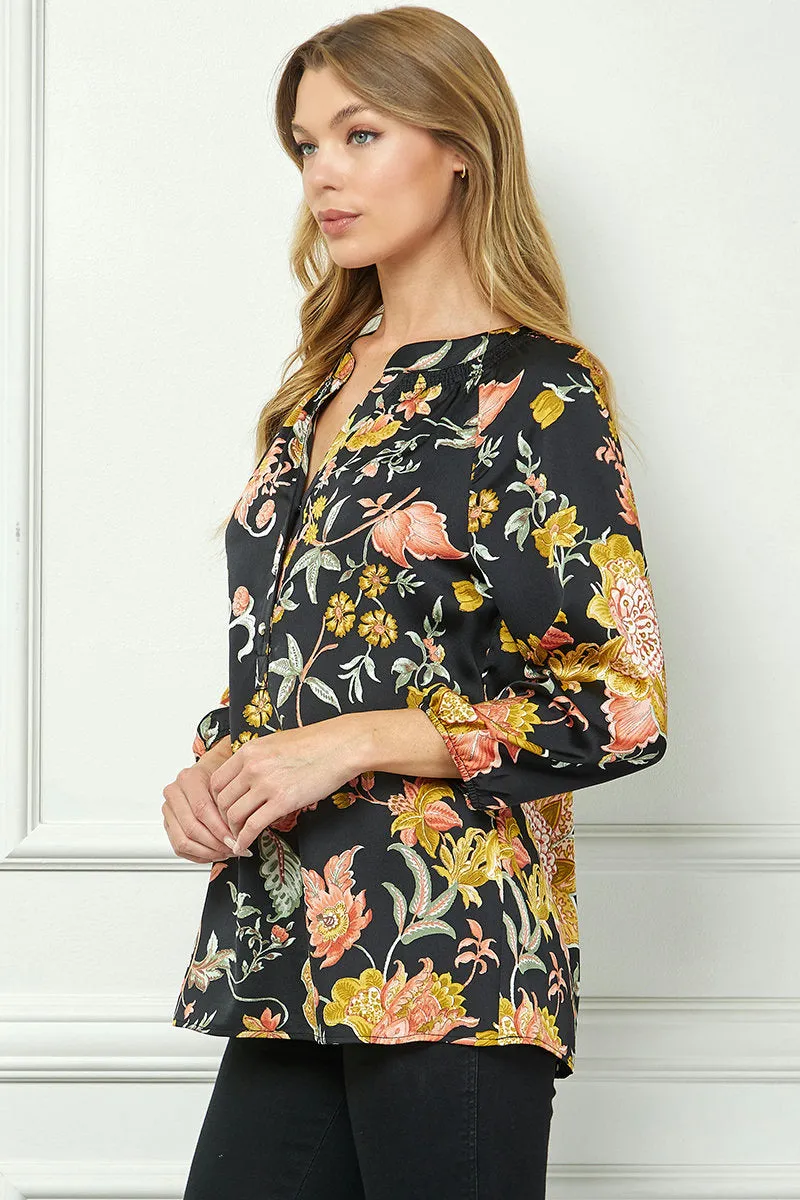 3/4 Elastic Cuff Sleeve Smock Detail Mandarin Collar Popover Blouse in Black sold by Dress Barn product image thumbnail 3