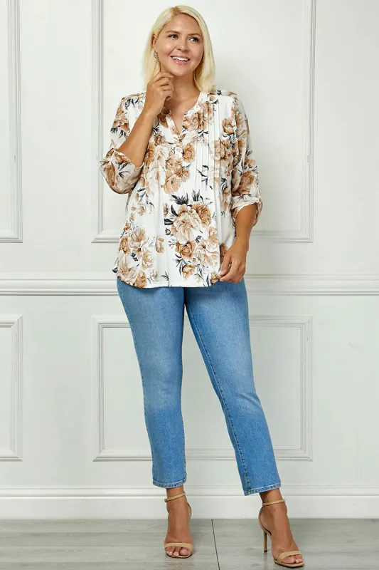 3/4 Button Tab Sleeve Pintuck Mandarin Collar Popover Blouse in Ivory - Plus sold by Dress Barn