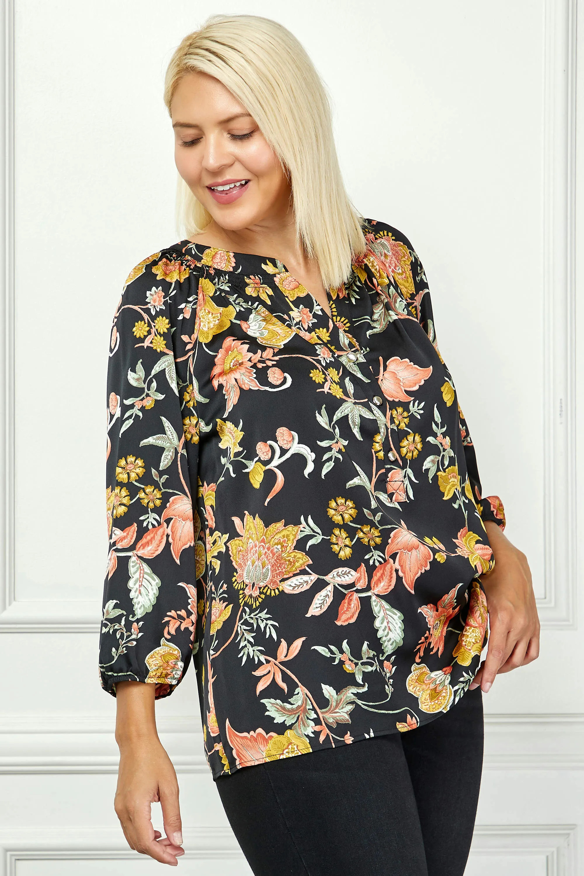 3/4 Elastic Cuff Sleeve Smock Detail Mandarin Collar Popover Blouse in Black - Plus sold by Dress Barn product image thumbnail 3