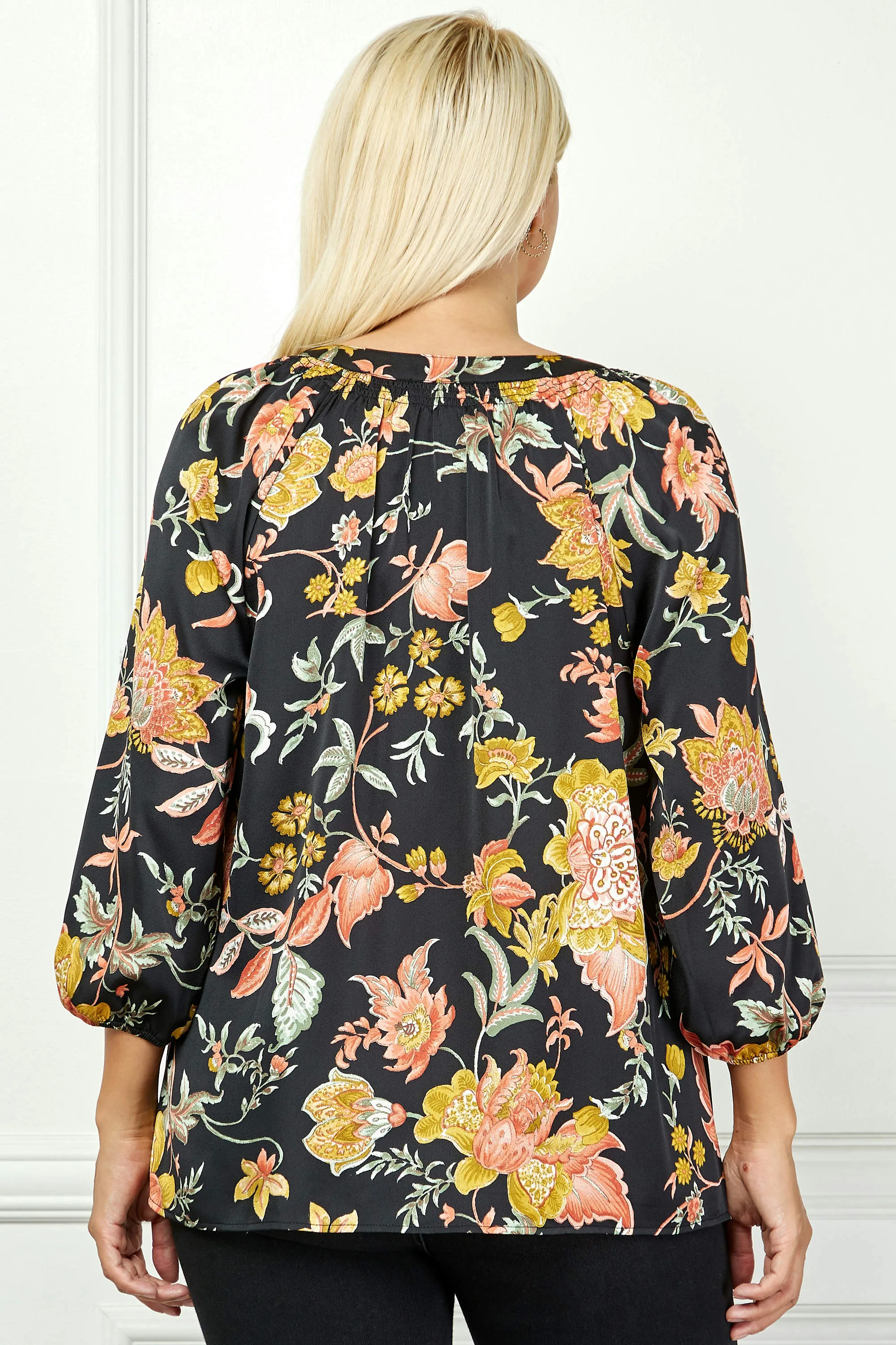 3/4 Elastic Cuff Sleeve Smock Detail Mandarin Collar Popover Blouse in Black - Plus sold by Dress Barn product image thumbnail 4