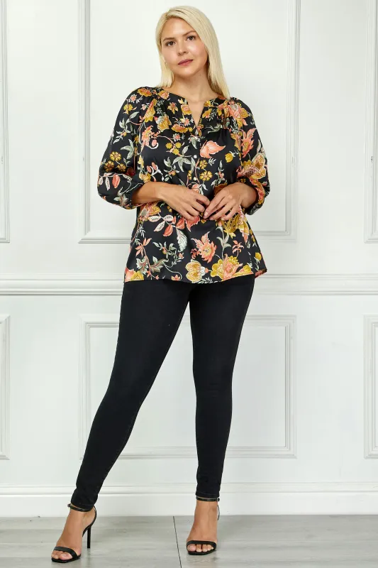 3/4 Elastic Cuff Sleeve Smock Detail Mandarin Collar Popover Blouse in Black - Plus sold by Dress Barn