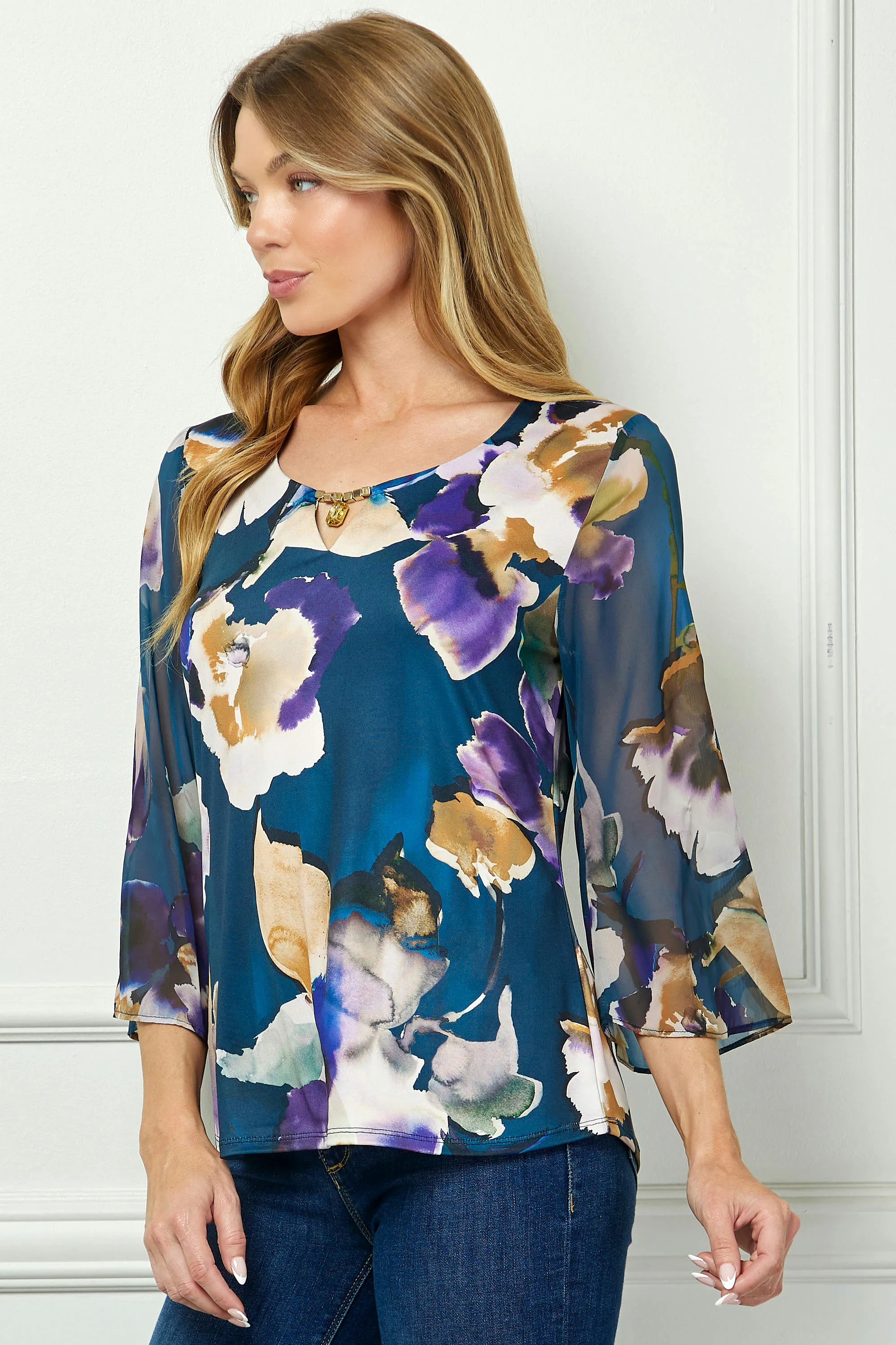 3/4 Flare Sleeve Cutout Trim Mix Media Blouse in Navy sold by Dress Barn product image thumbnail 3