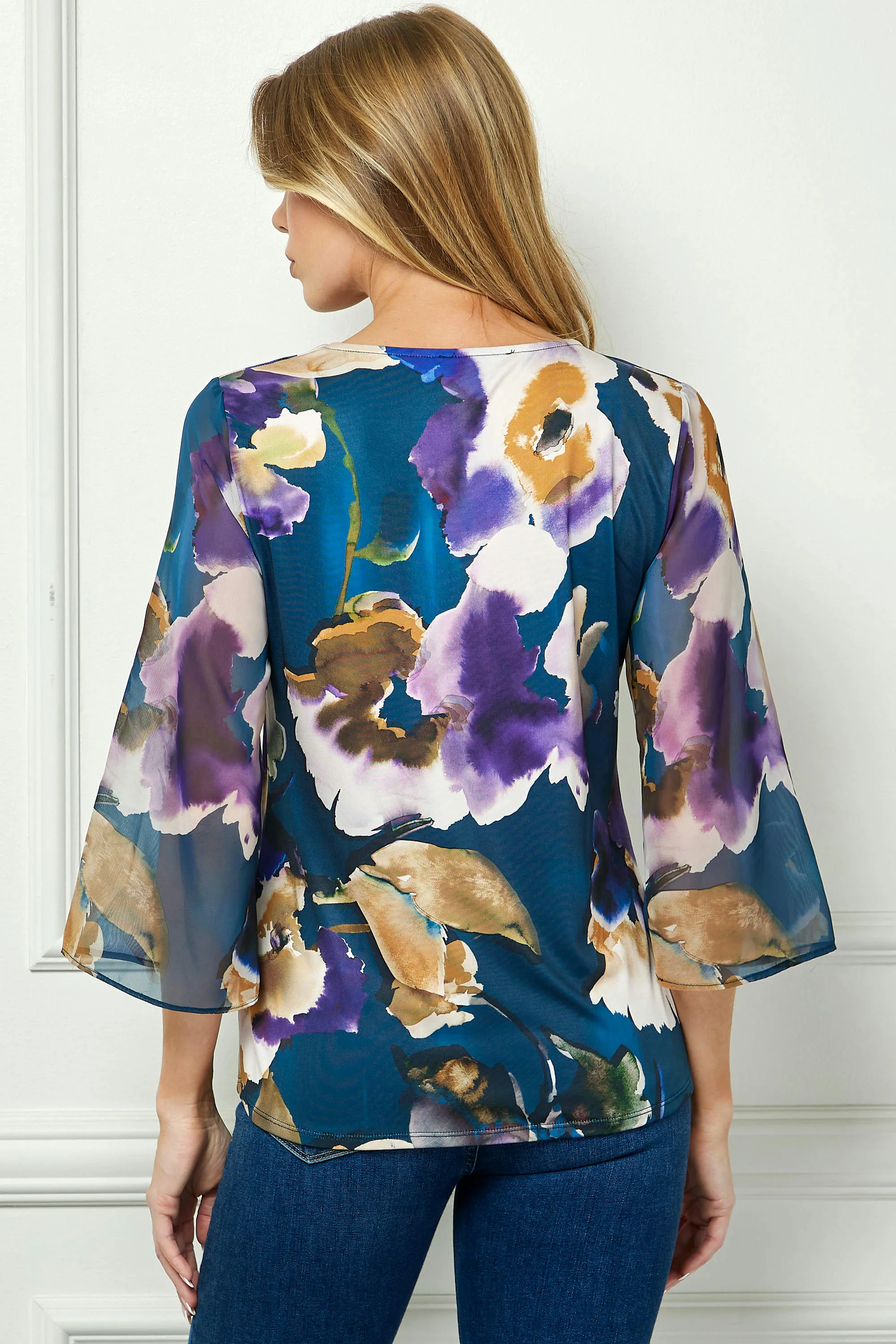 3/4 Flare Sleeve Cutout Trim Mix Media Blouse in Navy sold by Dress Barn product image thumbnail 4