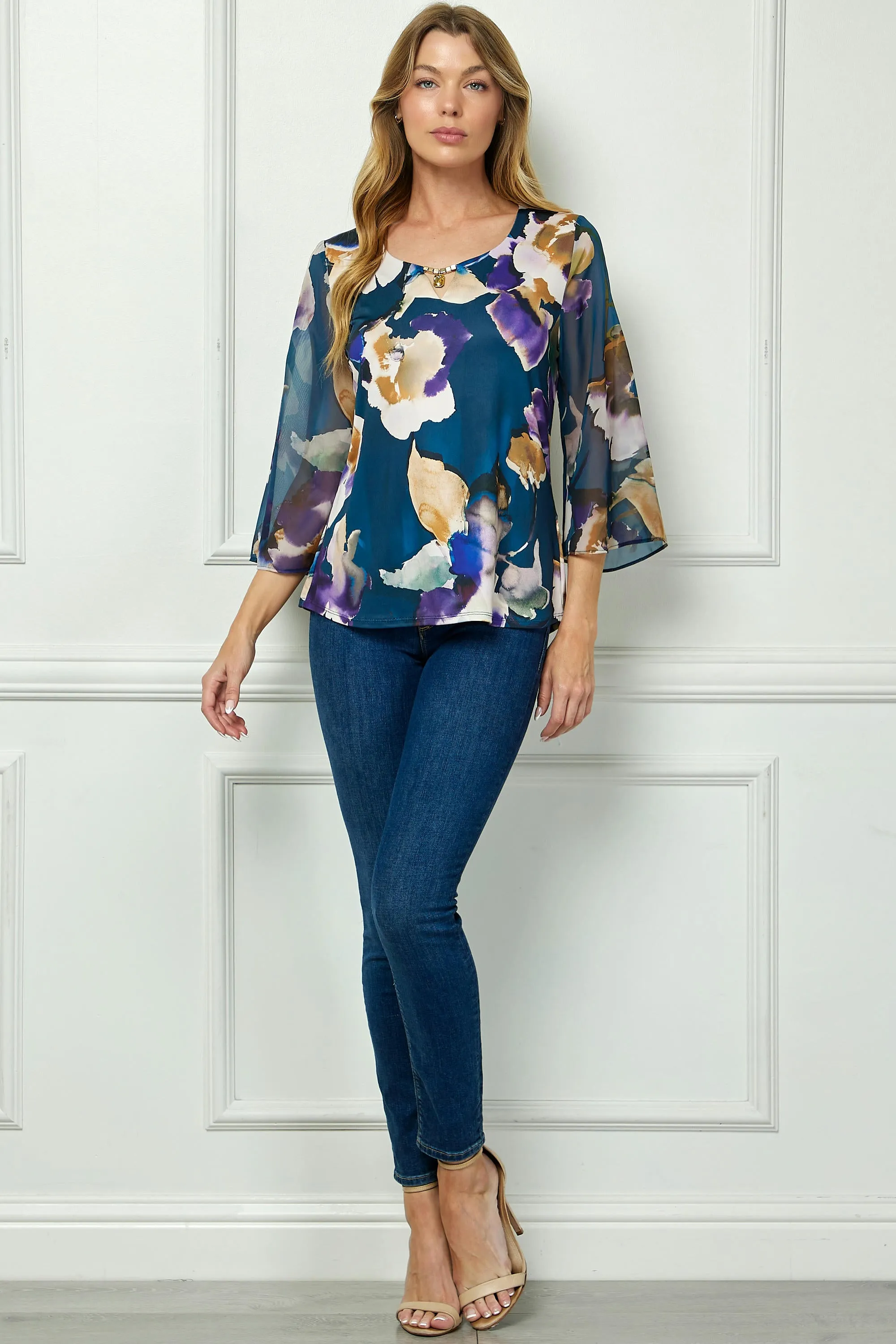 3/4 Flare Sleeve Cutout Trim Mix Media Blouse in Navy sold by Dress Barn