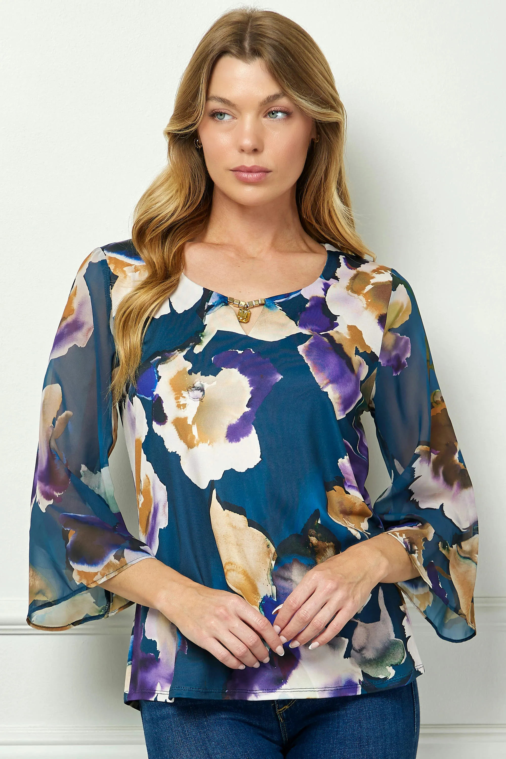 3/4 Flare Sleeve Cutout Trim Mix Media Blouse in Navy sold by Dress Barn product image thumbnail 2