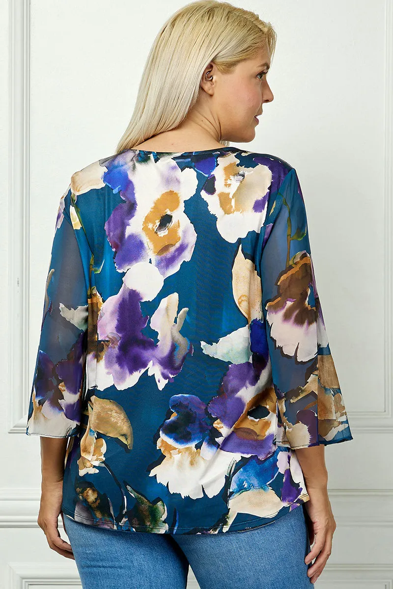 3/4 Flare Sleeve Cutout Trim Mix Media Blouse in Navy - Plus sold by Dress Barn product image thumbnail 4