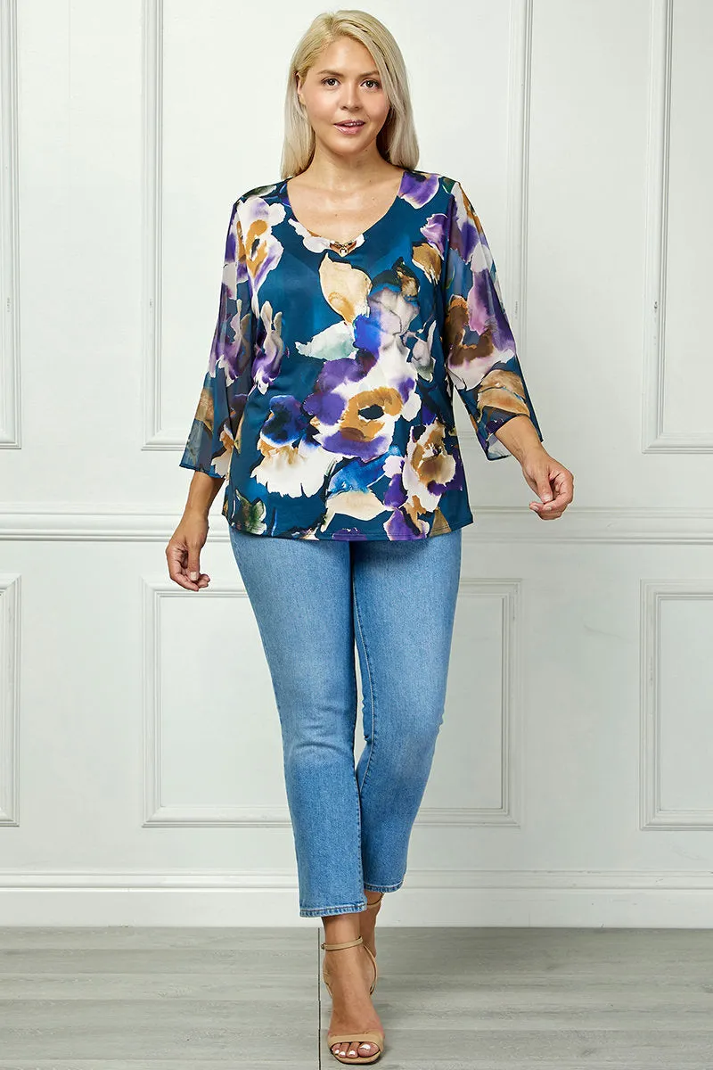 3/4 Flare Sleeve Cutout Trim Mix Media Blouse in Navy - Plus sold by Dress Barn